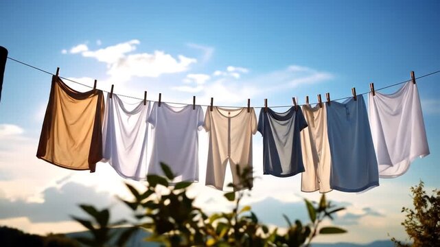 Clothesline with laundry drying in sunlight.