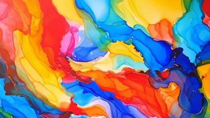 Dynamic abstract ink painting showcases swirling reds, blues, yellows, and gold accents in a vibrant, colorful design perfect for backgrounds - Powered by Adobe