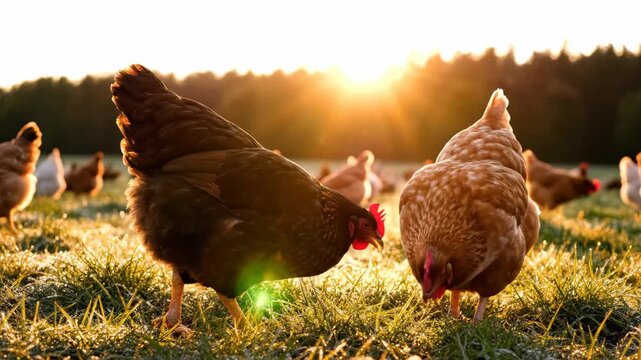 Flock of chickens freely grazing in a sunlit meadow with dewy grass, foraging for food, concept for organic farming, sustainable agriculture and poultry raising
