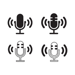 Microphone with Sound Waves Icon Set - Podcast, Voice Recording, Live Stream, and Audio Broadcast Symbol
