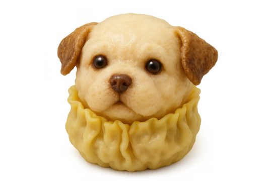 Cute puppy dog baozi steamed bun food art, creative animal shape dumpling as a fun snack concept, transparent background