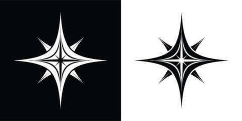 Stylized compass rose symbol with sharp points, presented in both black and white versions against contrasting backgrounds