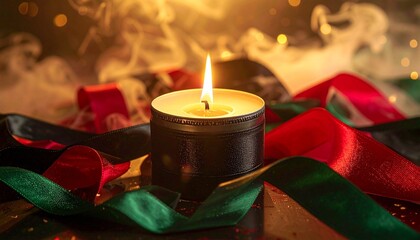 Glowing Unity Candle Surrounded by Pan-African Ribbons (Red, Black, Green). Hope and Solidarity for Black Awareness Day.