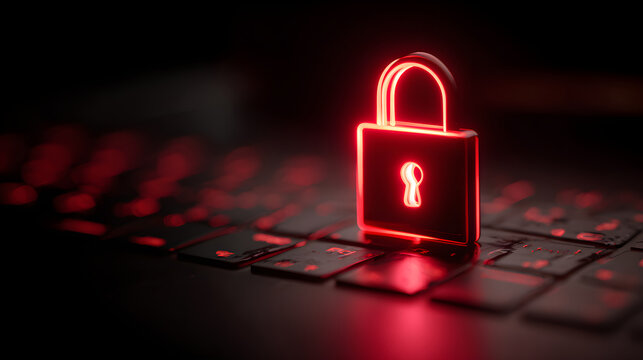 Red glowing padlock on keyboard for cybersecurity protection