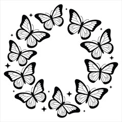 Fototapeta premium Stylized butterfly circle frame with sparkling stars vector design isolated on white background, Vector
