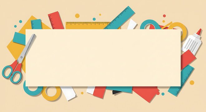 Flat-lay of craft supplies and colorful shapes arranged around a blank rectangular sign