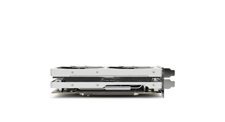 Side view of a white graphics card with two fans and heat sink on a white background in studio shot