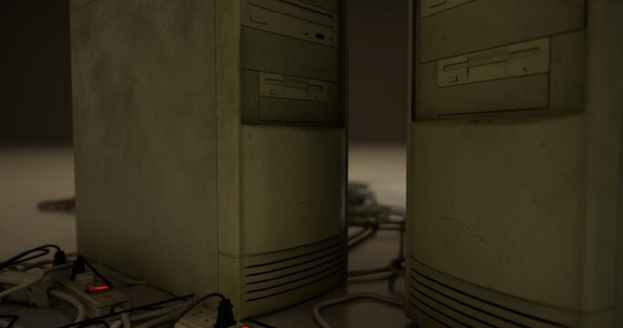 Dusty computing towers sit side by side, their beige exterior hinting at an outdated tech era. Cables snake around them, creating an atmosphere of nostalgia and memories of past innovations.