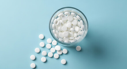 White pills in a glass on a blue background