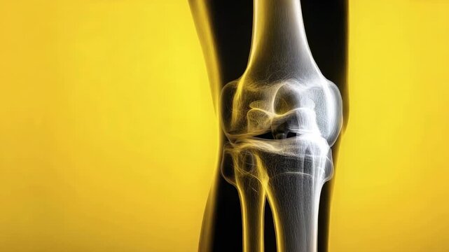 A stylized x-ray of a human knee joint showing the femur tibia and fibula set against a bright yellow background