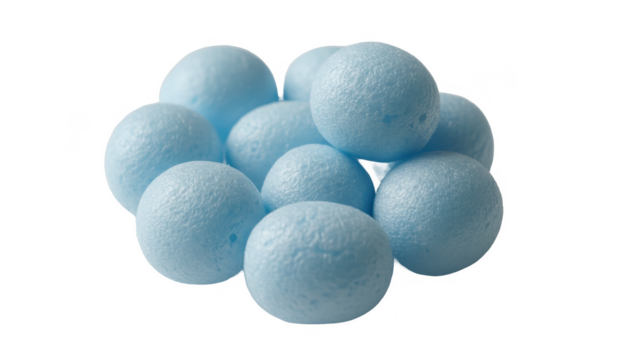 Heap of Light Blue Styrofoam Balls on White Background