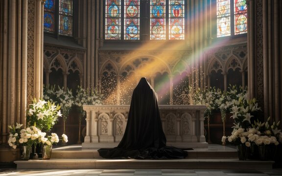 Cloaked figure kneeling in a sacred church - Powered by Adobe