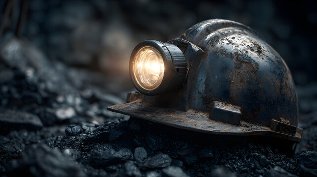 Miner's hard hat with headlamp on coal