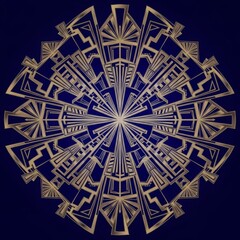 Elegant Art Deco geometric pattern in golden tones on a deep blue background luxurious vintage