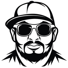 Monochrome face of a smiling African American man with hat and dark sunglasses