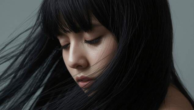 Elegant asian woman with windswept hair showing her natural beauty and serenity