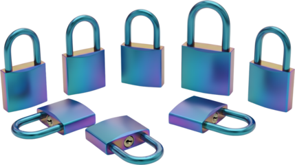 Seven Iridescent Metallic Padlocks Arranged In A Circular Pattern On A Transparent Background Some Locked And Some Unlocked Featuring A Keyhole Detail Security Safety Protection