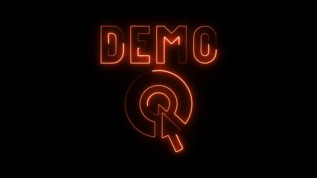 Neon glowing D E M O text and cursor icon animation on black background for presentations and marketing campaigns