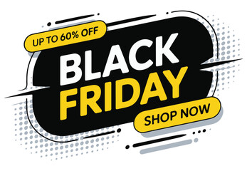 Black Friday sale banner with 'Up to 60% Off' and 'Shop Now' text, modern promotional graphic design.
