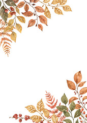 Watercolor hand-drawn autumn leaves frame with berries, botanical border template. PNG clipart.