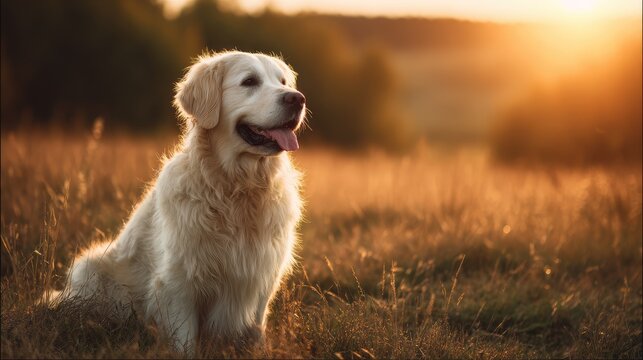Golden Retriever dog enjoying outdoors at a large grass field at sunset, beautiful golden light Generative Ai - Powered by Adobe