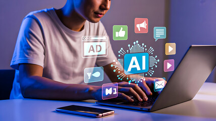 Artificial intelligence in digital media concept with laptop, smartphone, and colorful icons for video, chat, and content creation