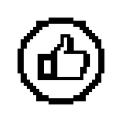 Black pixel art thumbs up icon. retro emoji icon.