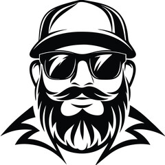 Monochrome man with beard and mustache wearing sunglasses and a cap looks confident