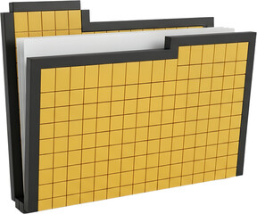 A Yellow File Folder Icon With A Grid Pattern Holding White Papers Presented With A Black Border And A Dark Grey Spine Against A Transparent Background Document Data Storage Organize