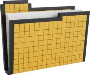 A Yellow File Folder Icon With A Grid Pattern Holding White Papers Presented With A Black Border And A Dark Grey Spine Against A Transparent Background Document Data Storage Organize