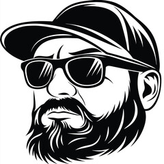 Monochromatic bearded man wearing sunglasses and a cap showcases stylish, bold character headshot