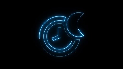 Glowing blue neon clock symbol with crescent moon overlay animated on black background representing time passing - Powered by Adobe