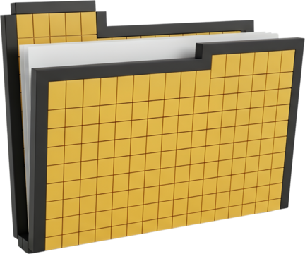 A Yellow File Folder Icon With A Grid Pattern Holding White Papers Presented With A Black Border And A Dark Grey Spine Against A Transparent Background Document Data Storage Organize