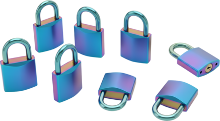 Multiple Metallic Padlocks With Iridescent Blue And Purple Sheen Some Upright And Some Lying Down On A Transparent Background Security Protection Secure Key Unlocked Closed Private