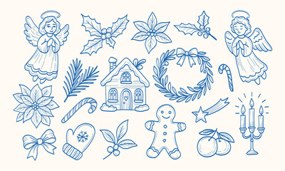 A blue and white drawing of a Christmas scene with a house, wreath, and angel. The drawing is filled with various symbols and decorations, including a gingerbread man, a candle, and a potted plant