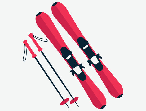 red skis and poles vector illustration isolated on white background, highlighting winter sports gear, skiing equipment, and recreational outdoor activities for digital design, marketing, and education