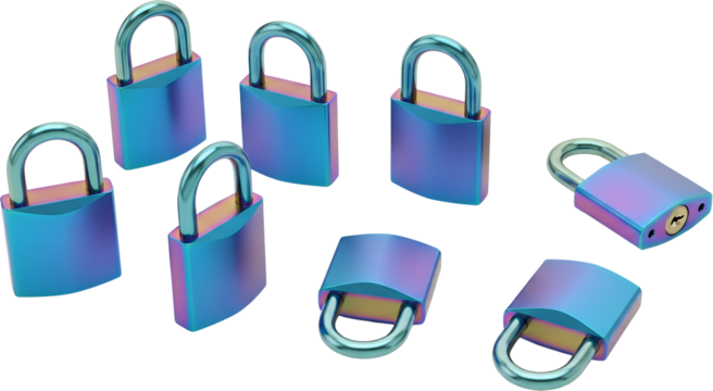 Multiple Metallic Padlocks With Iridescent Blue And Purple Sheen Some Upright And Some Lying Down On A Transparent Background Security Protection Secure Key Unlocked Closed Private