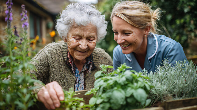 smiling older woman enjoying gardening activity alongside supportive young caregiver in natural outdoor environment