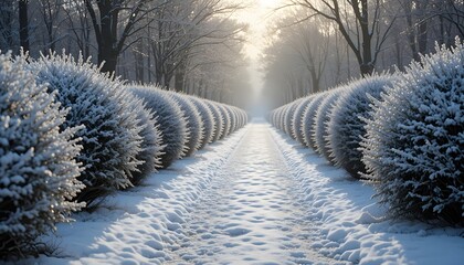 a row of frosted bushes along a snowy pathway with gentle winter light filtering through