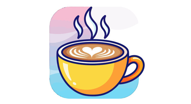 A steaming yellow cup of coffee with heart shaped latte art. - Powered by Adobe