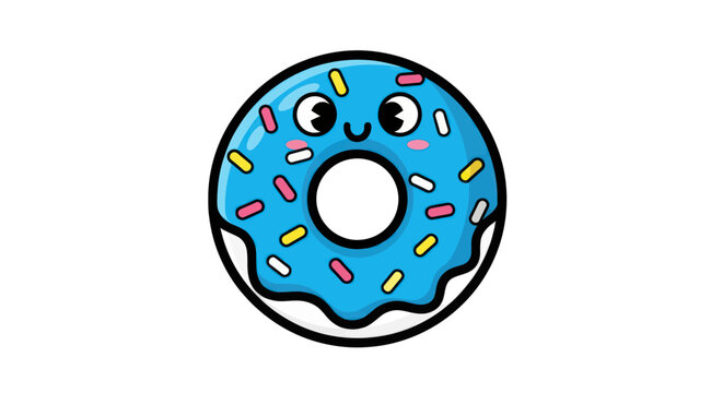 Adorable cartoon donut character with blue icing and sprinkles.
