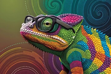 colorful chameleon wearing glasses against vibrant abstract background