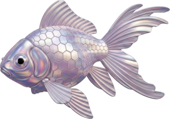 A shimmering iridescent fish with a patterned hexagonal scale texture and flowing fins depicted in pearlescent silver and lavender hues isolated on a transparent background