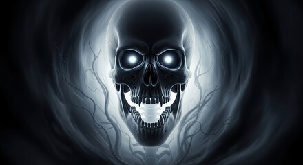 Eerie Glowing Skull Appears In Misty Darkness With Fiery Eyes