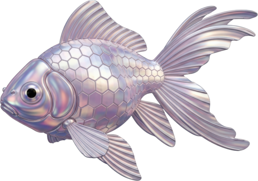A shimmering iridescent fish with a patterned hexagonal scale texture and flowing fins depicted in pearlescent silver and lavender hues isolated on a transparent background - Powered by Adobe