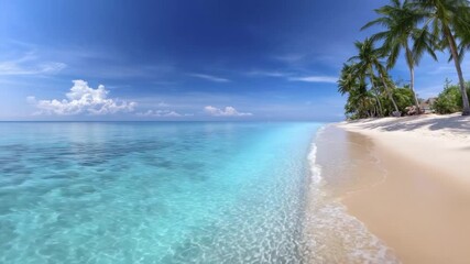 A sunlit tropical shoreline with clear turquoise water a white sand beach and a line of palm trees under a deep blue sky with white clouds - Powered by Adobe