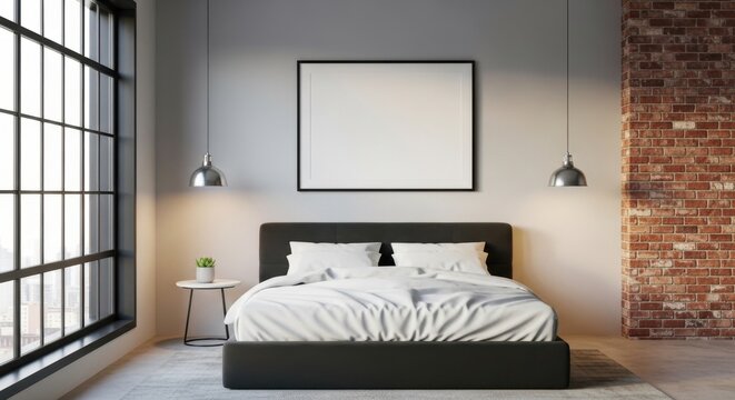 Modern minimalist bedroom with large window and exposed brick wall