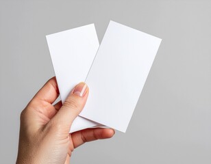 Obraz premium Female Hand Holding Two Blank White Paper Tickets for Mockup Use on Solid Neutral Background