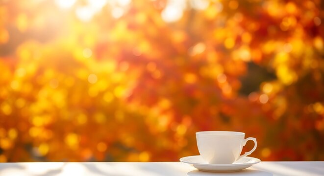 White coffee cup on saucer with blurred autumn foliage background drink
