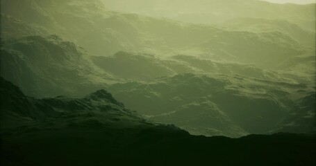 Layers of softly rolling hills stretch across the landscape, enveloped in a green hue. The gentle mist adds a dreamlike quality, invoking a sense of peace and tranquility in nature. - Powered by Adobe